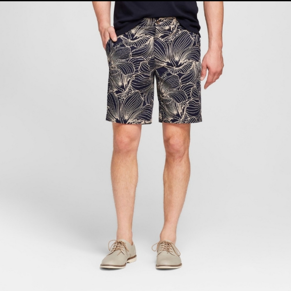 Goodfellow & Co. Men's Flat Front Shorts - Navy Blue & Cream Floral EUC